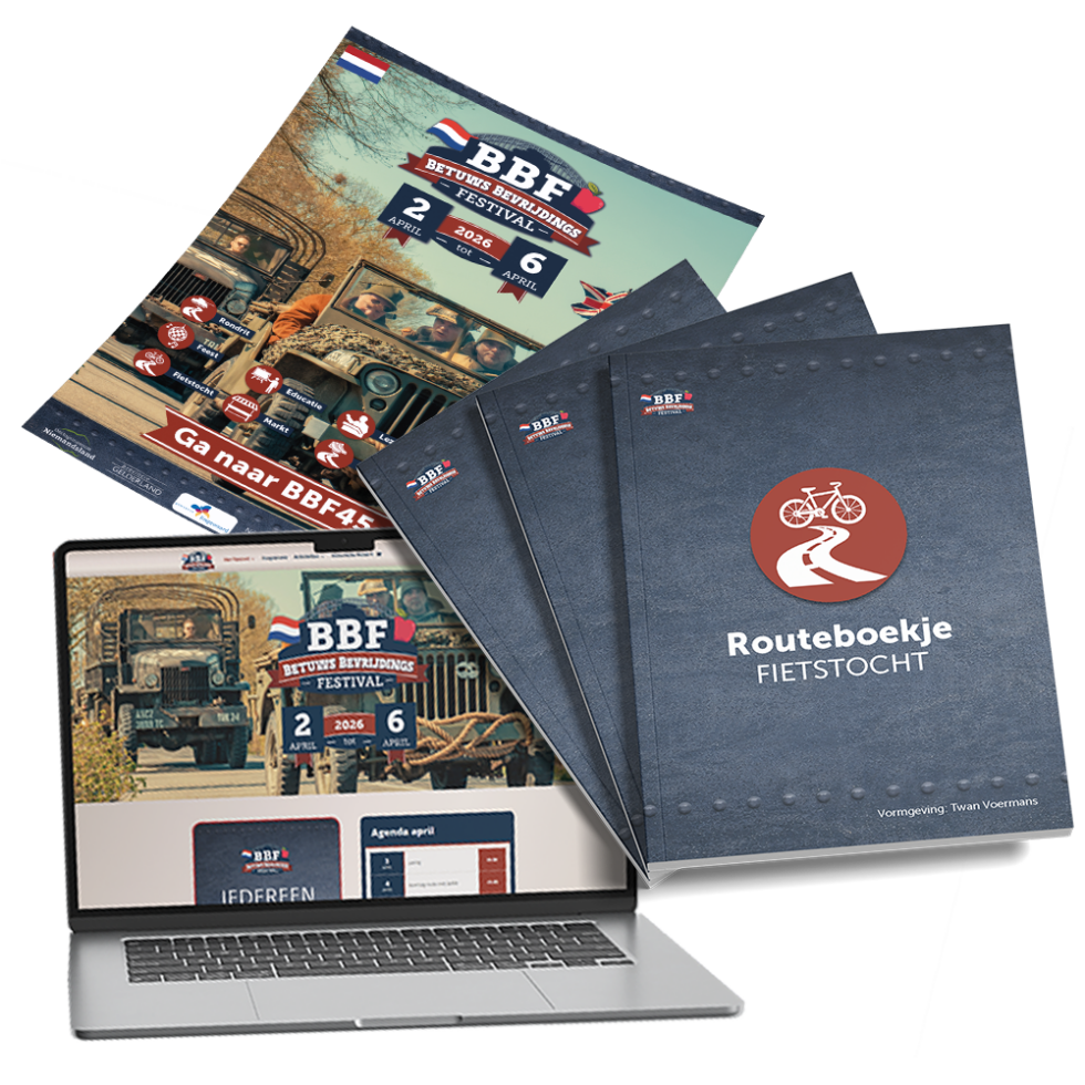 Folder, website en routeboekjes van het Betuws Bevrijdingsfestival 2026